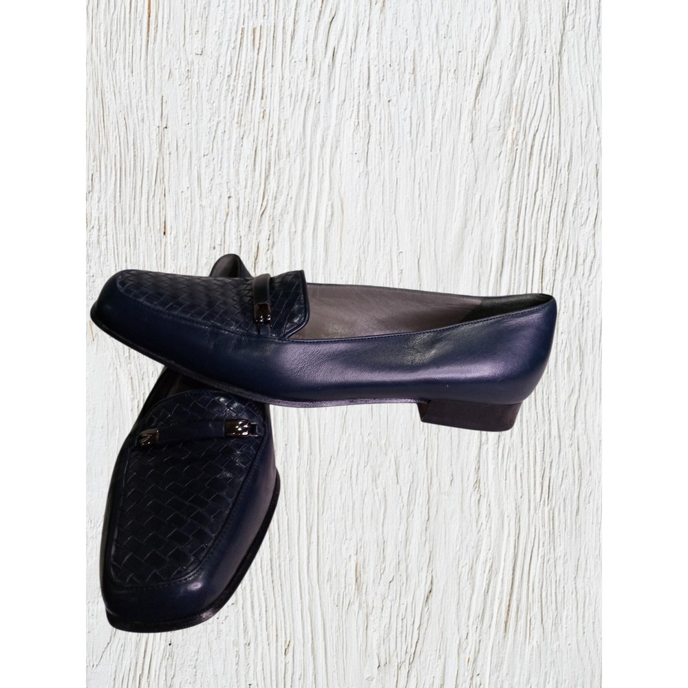 Bally Navy Blue Woven Leather Loafers Style Flex Square Toe Block Heel Shoes 5.5 - Picture 3 of 5